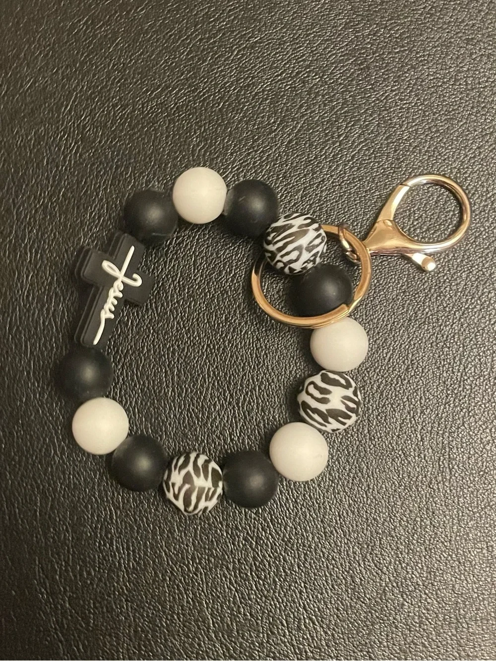 Black & White Beaded Cross Keychain Wristlet
